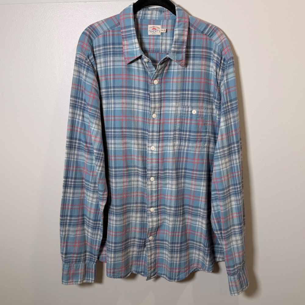 Faherty Cotton Flannel Button Down Collared Mens Shirt (XXL) Blue Lightweight - Picture 2 of 11